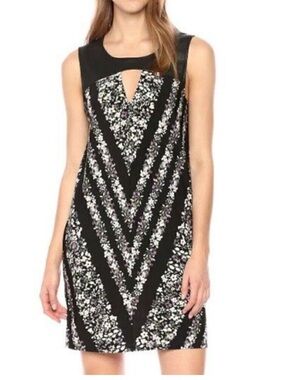 BCBGMAXAZRIA Lane Floral Chevron Faux Leather Trim Shift Dress XS